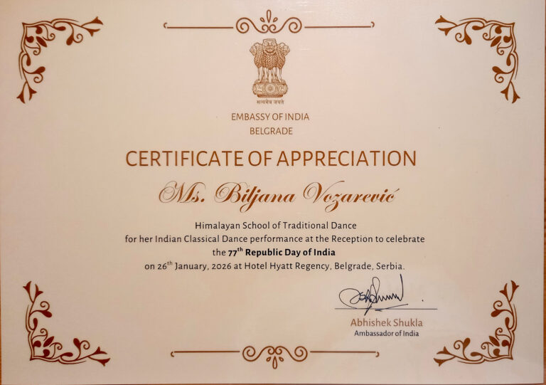 Certificate of Appreciation by The Embassy of India - Biljana Vozarevic